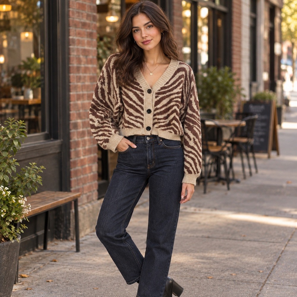 Princess Polly Zebra Cropped Cardigan Sweater Brown Cream M/L Animal Print